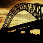 bridge, silhouette, sunset, dusk, structure, architecture, road bridge, arch bridge, nature, suspension bridge, silver jubilee bridge, river mersey, manchester ship canal, england, united kingdom